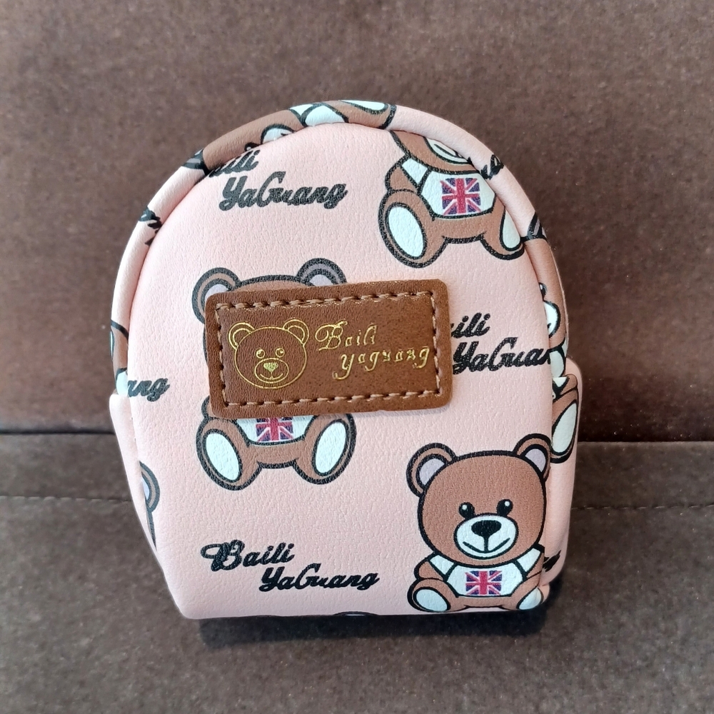 New Pale Pink Bear Print Novelty Mini Backpack Coin Purse Keychain Bag Charm